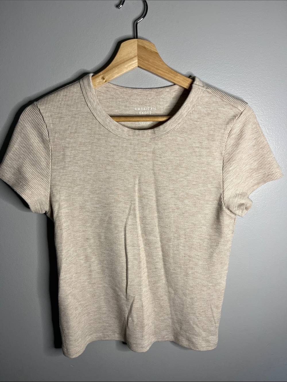 American Eagle Ribbed T-Shirt Beige Waffle Knit